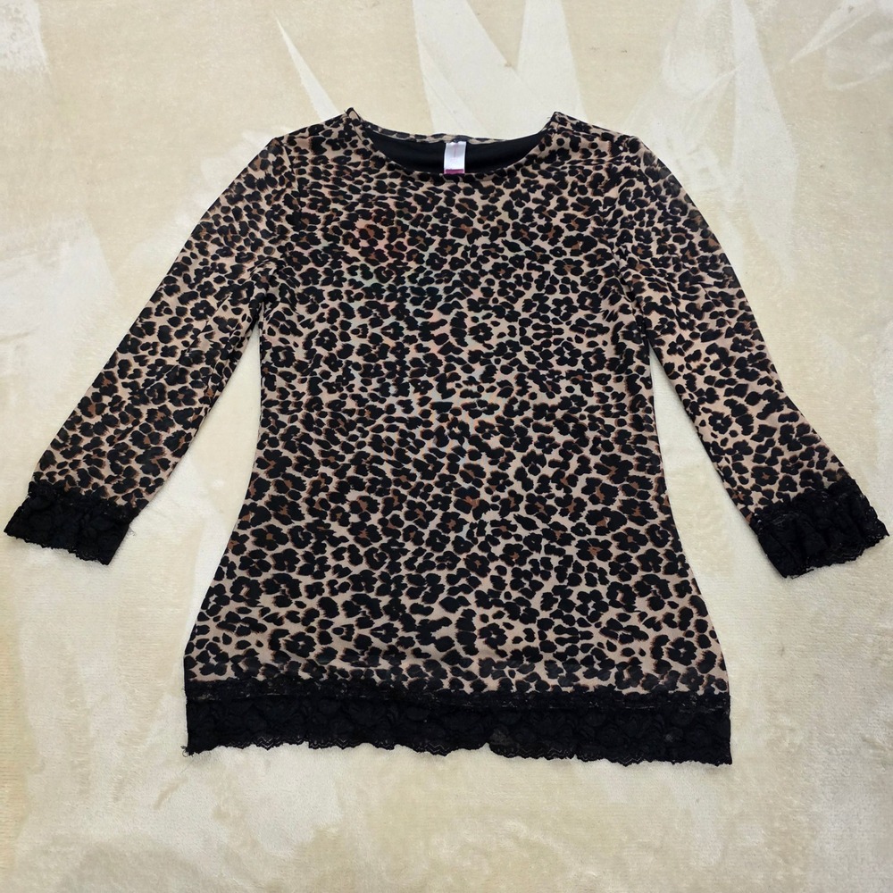 No Boundaries Leopard Print Lace Trim Top Medium Long Sleeve Y2K McBling Flawed